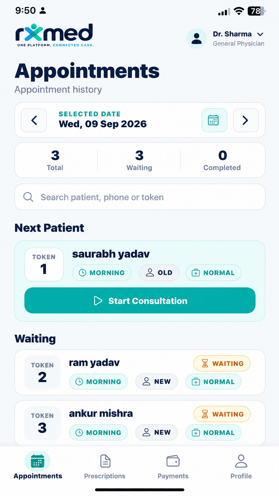 RXIMED Doctor App appointments and consultation queue