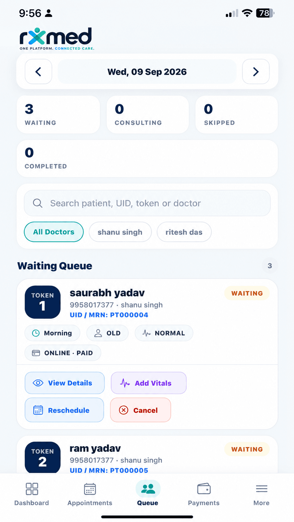 RXIMED Front Desk App patient queue and operations